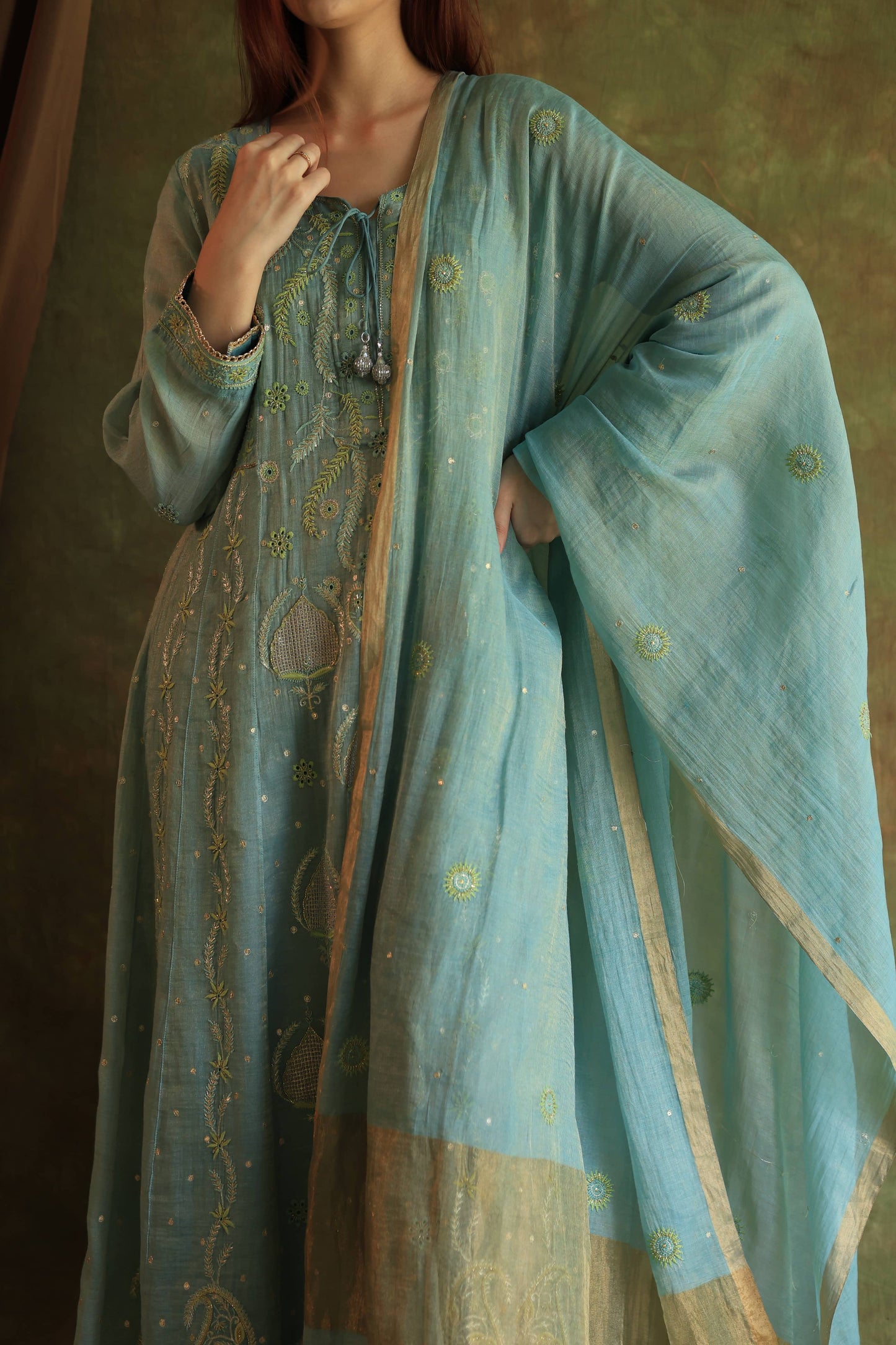 Blue Shade Tissue Silk Chikankari Anarkali With Ari Work