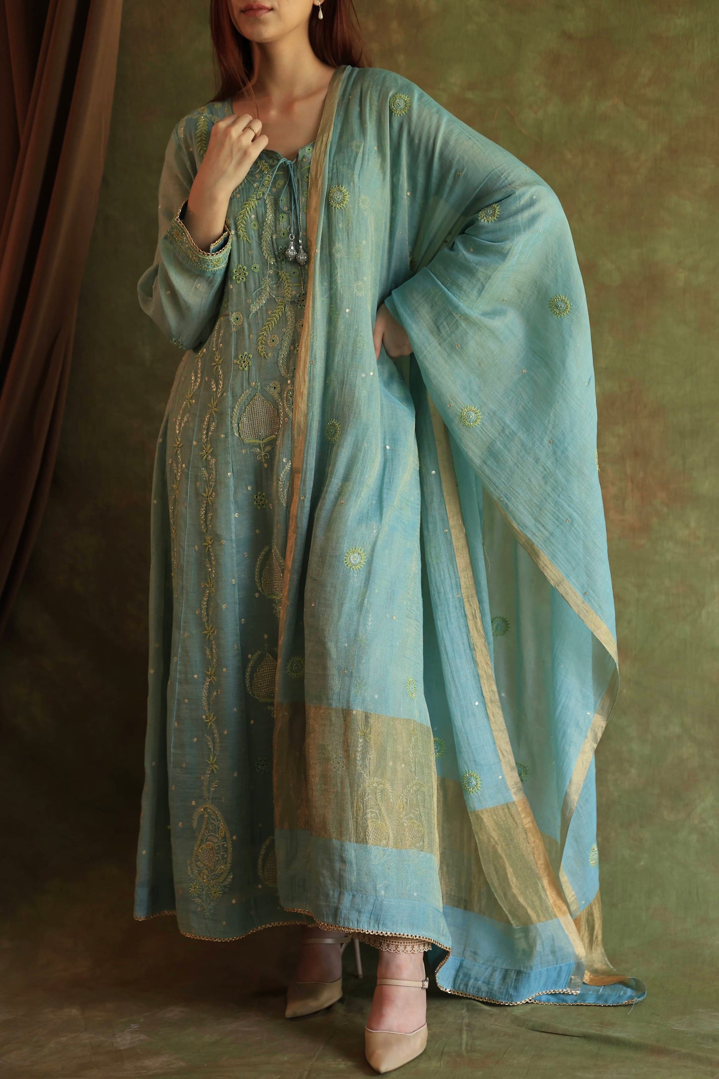 Blue Shade Tissue Silk Chikankari Anarkali With Ari Work