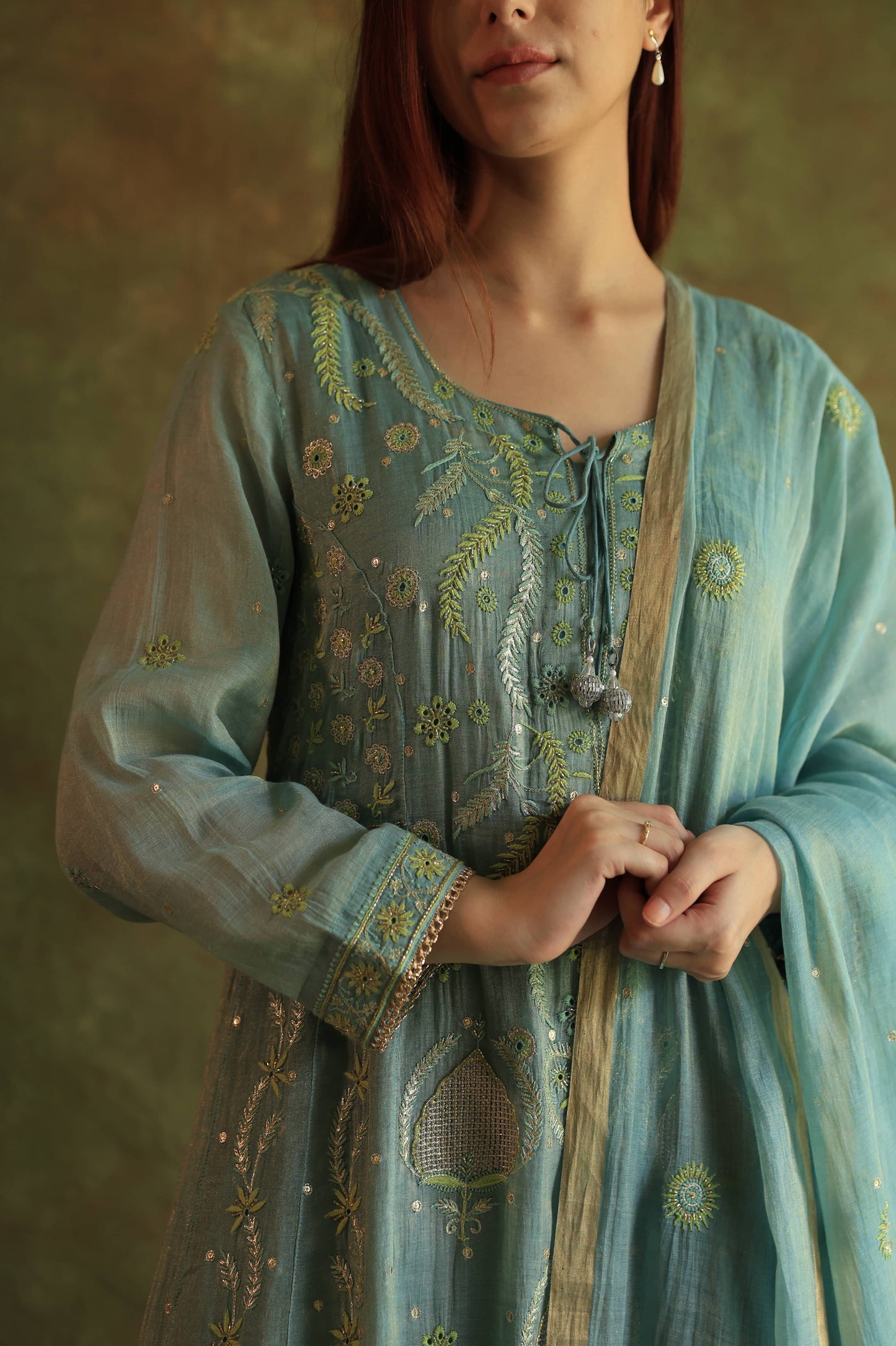 Blue Shade Tissue Silk Chikankari Anarkali With Ari Work