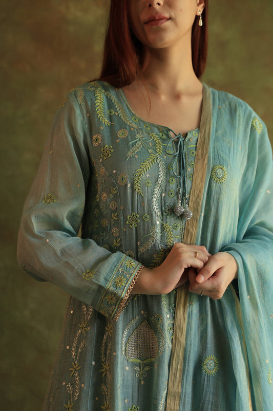 Blue Shade Tissue Silk Chikankari Anarkali With Ari Work