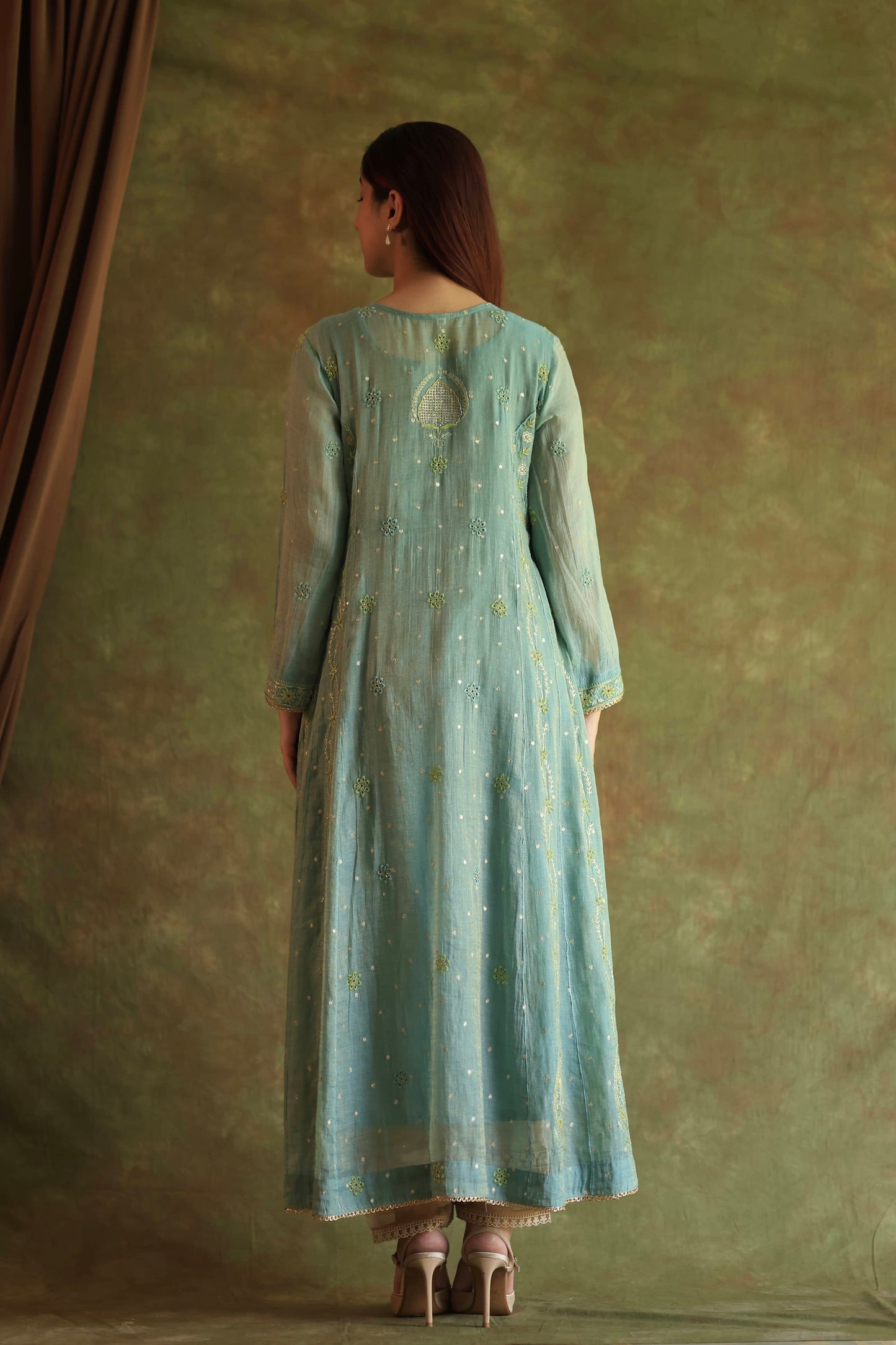 Blue Shade Tissue Silk Chikankari Anarkali With Ari Work