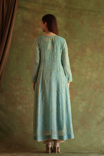 Blue Shade Tissue Silk Chikankari Anarkali With Ari Work