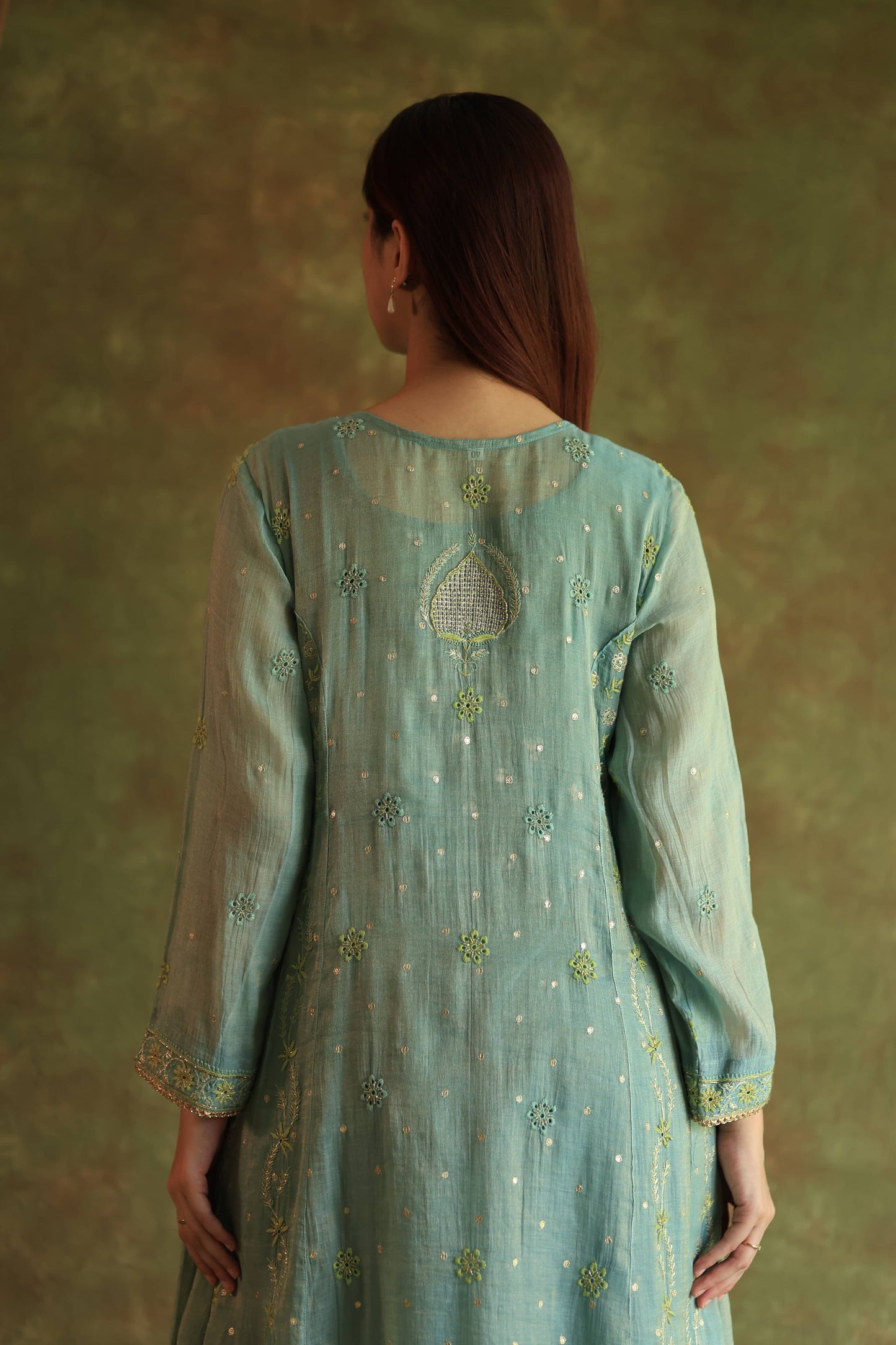 Blue Shade Tissue Silk Chikankari Anarkali With Ari Work