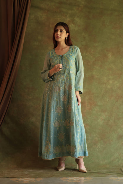 Blue Shade Tissue Silk Chikankari Anarkali With Ari Work
