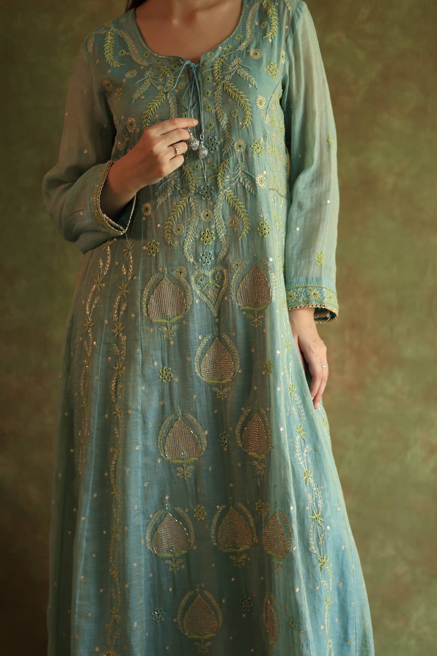 Blue Shade Tissue Silk Chikankari Anarkali With Ari Work