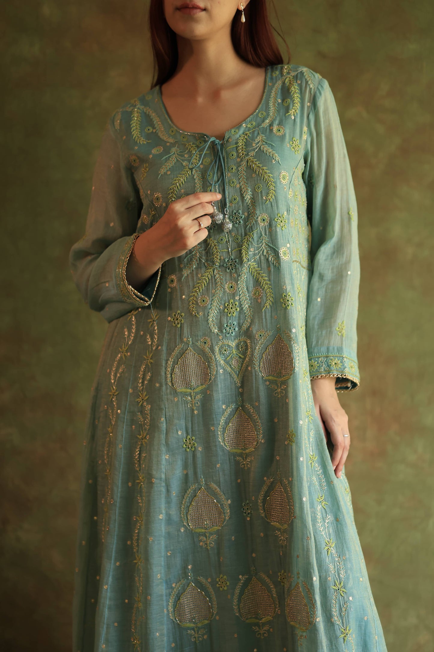 Blue Shade Tissue Silk Chikankari Anarkali With Ari Work