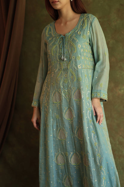 Blue Shade Tissue Silk Chikankari Anarkali With Ari Work