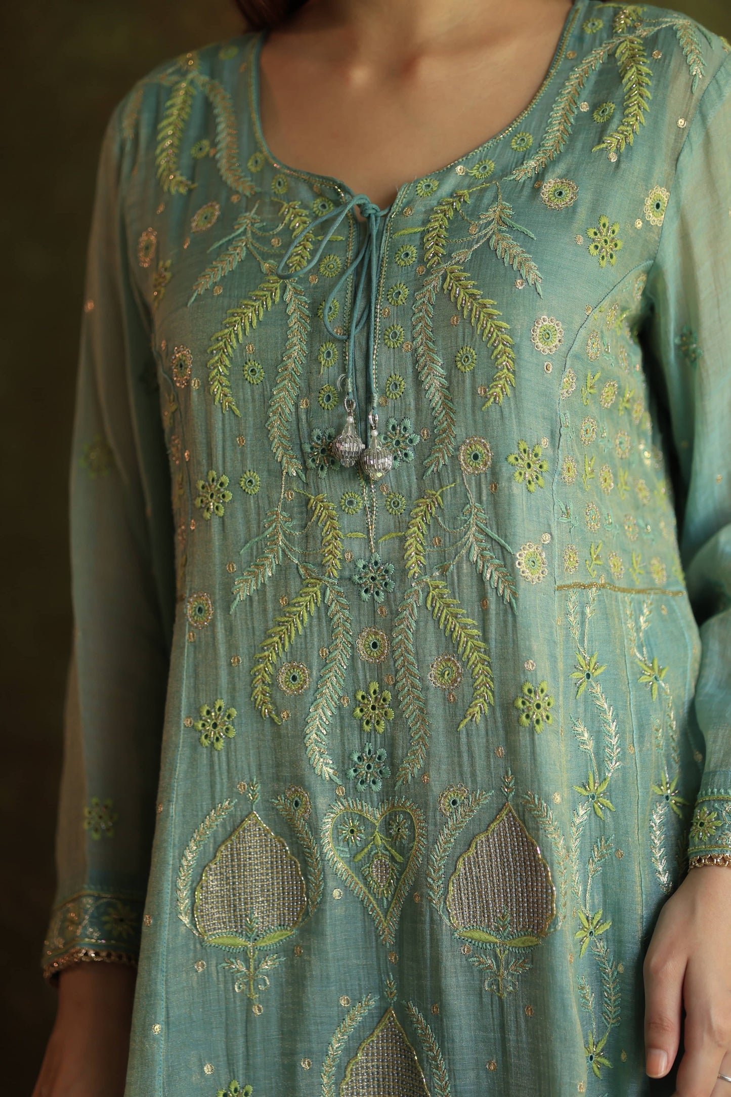 Blue Shade Tissue Silk Chikankari Anarkali With Ari Work