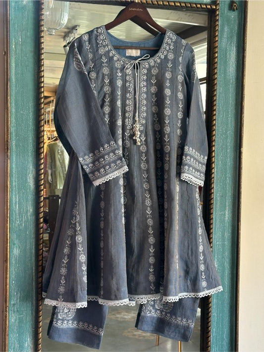 Blue Shade Tissue Silk Chikankari Co-Ord Set