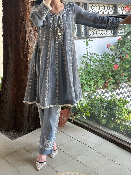 Blue Shade Tissue Silk Chikankari Co-Ord Set