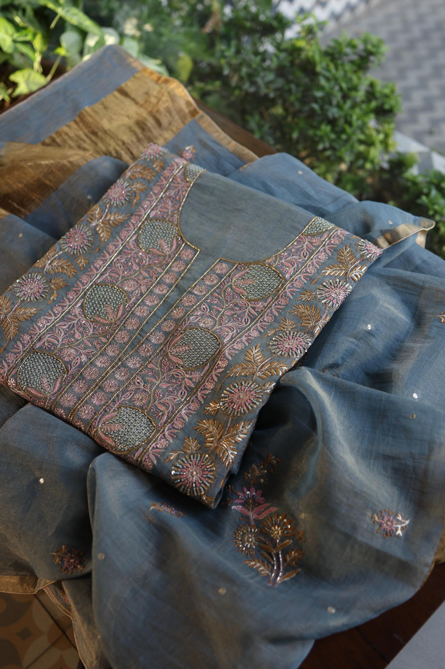Blue Shade Tissue Silk Chikankari Unstitched Fabric