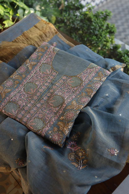 Blue Shade Tissue Silk Chikankari Unstitched Fabric