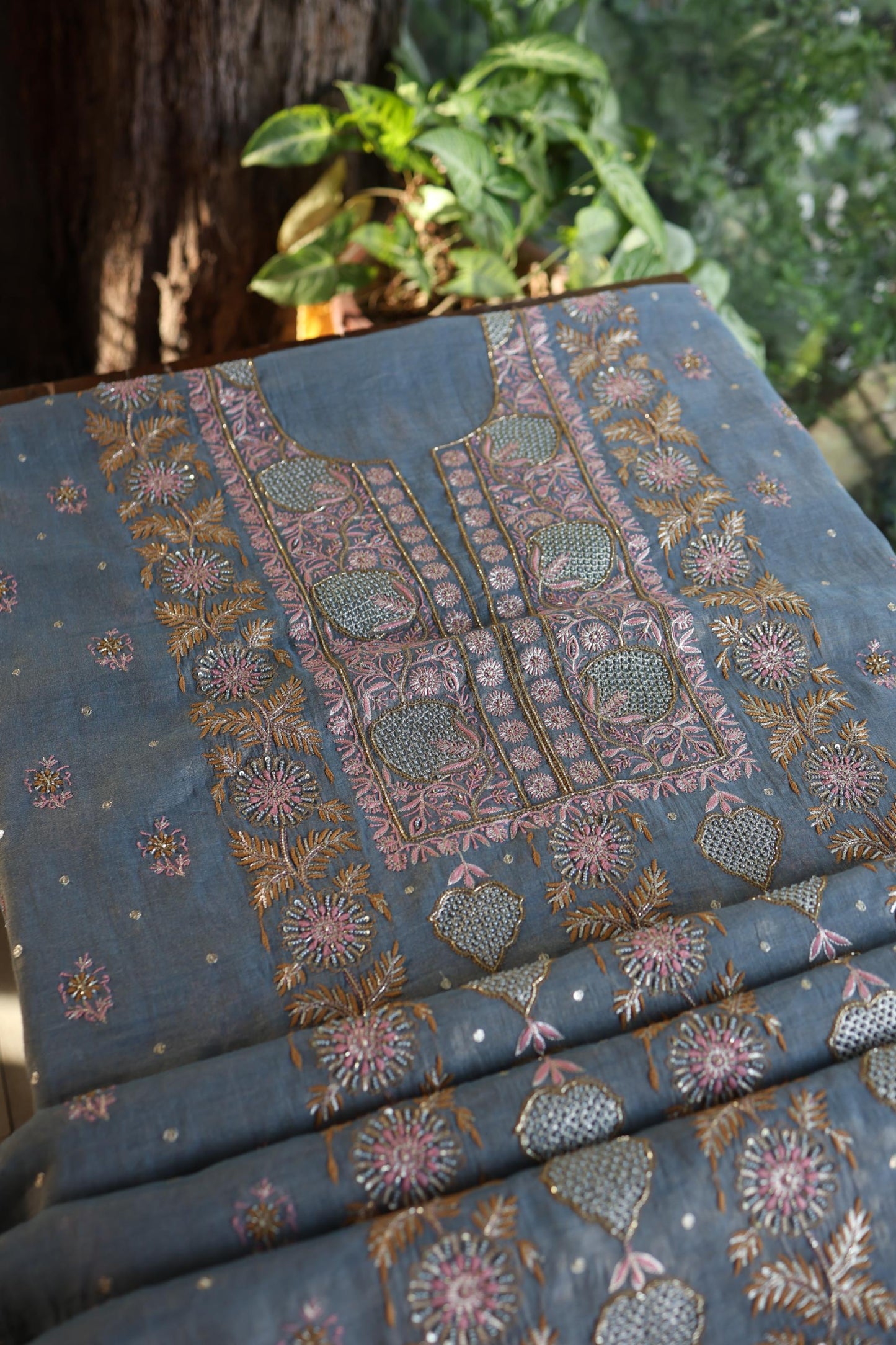 Blue Shade Tissue Silk Chikankari Unstitched Fabric