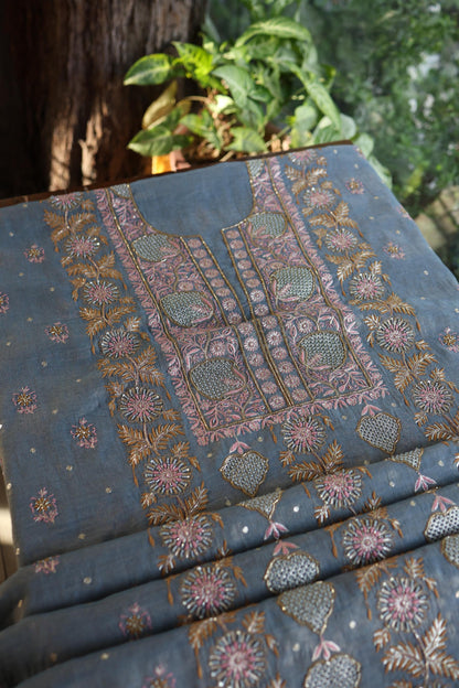 Blue Shade Tissue Silk Chikankari Unstitched Fabric