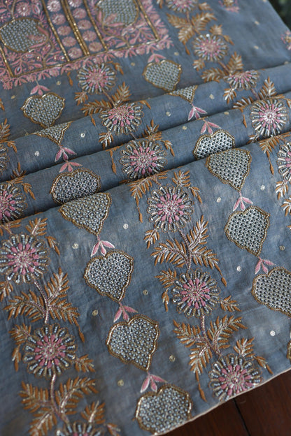 Blue Shade Tissue Silk Chikankari Unstitched Fabric