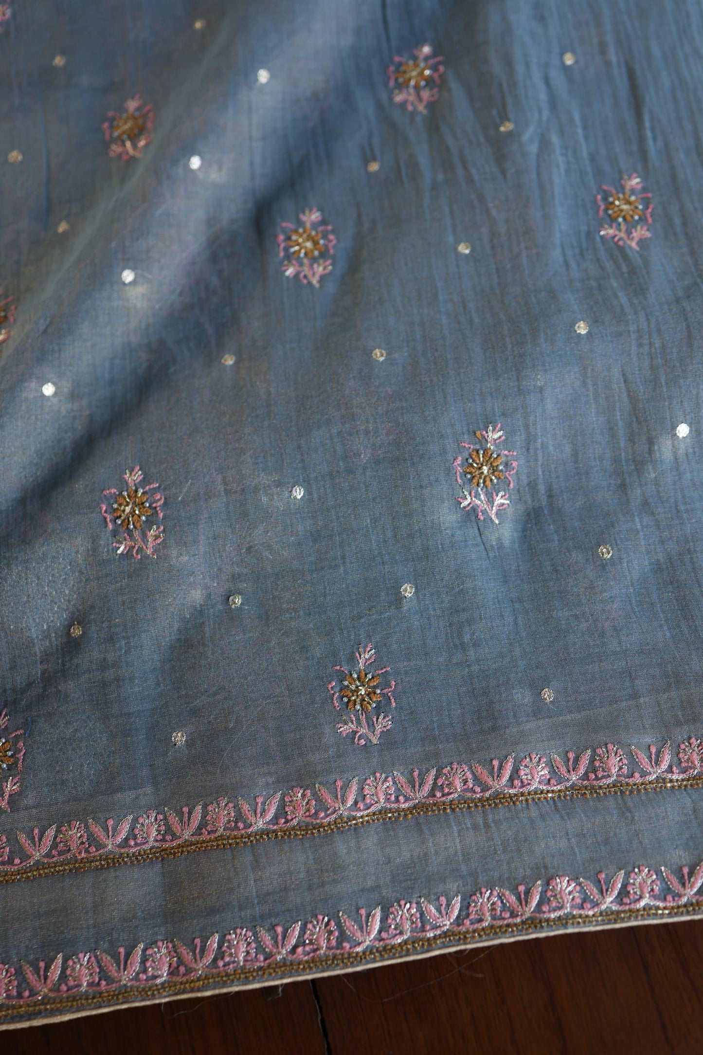 Blue Shade Tissue Silk Chikankari Unstitched Fabric