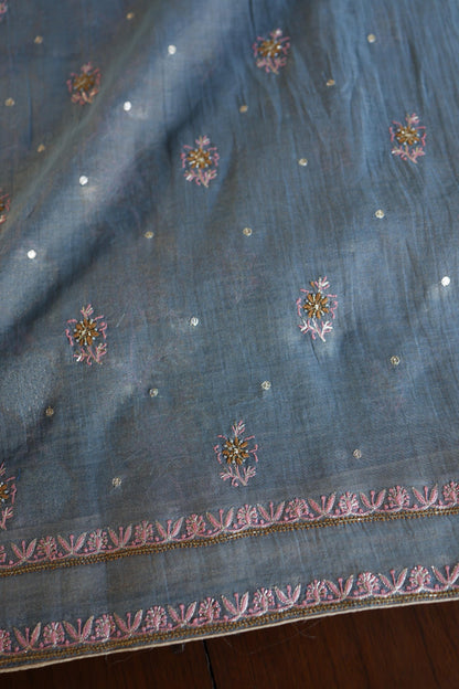 Blue Shade Tissue Silk Chikankari Unstitched Fabric