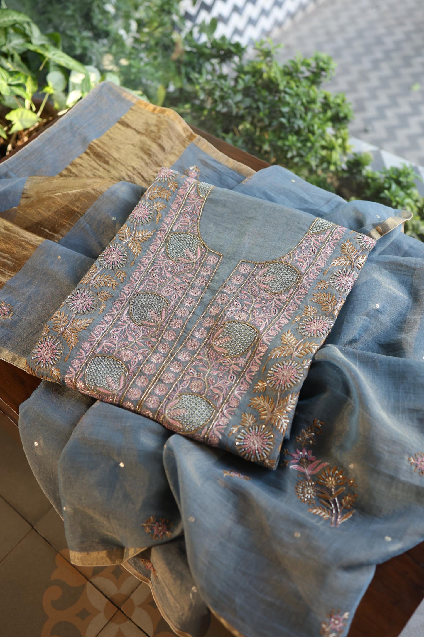 Blue Shade Tissue Silk Chikankari Unstitched Fabric