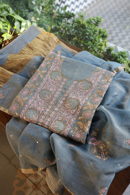 Blue Shade Tissue Silk Chikankari Unstitched Fabric