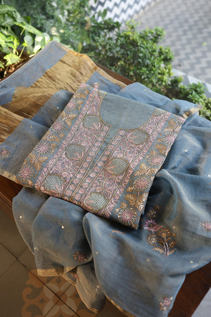 Blue Shade Tissue Silk Chikankari Unstitched Fabric