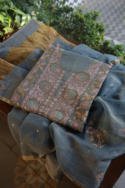 Blue Shade Tissue Silk Chikankari Unstitched Fabric