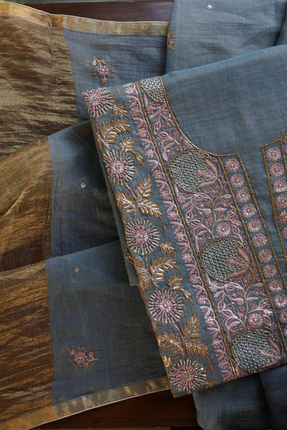Blue Shade Tissue Silk Chikankari Unstitched Fabric