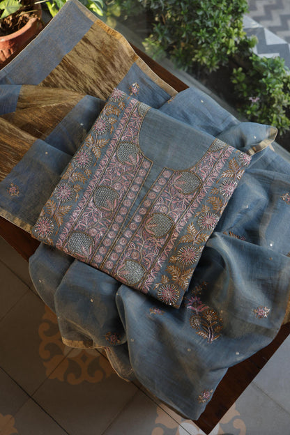 Blue Shade Tissue Silk Chikankari Unstitched Fabric