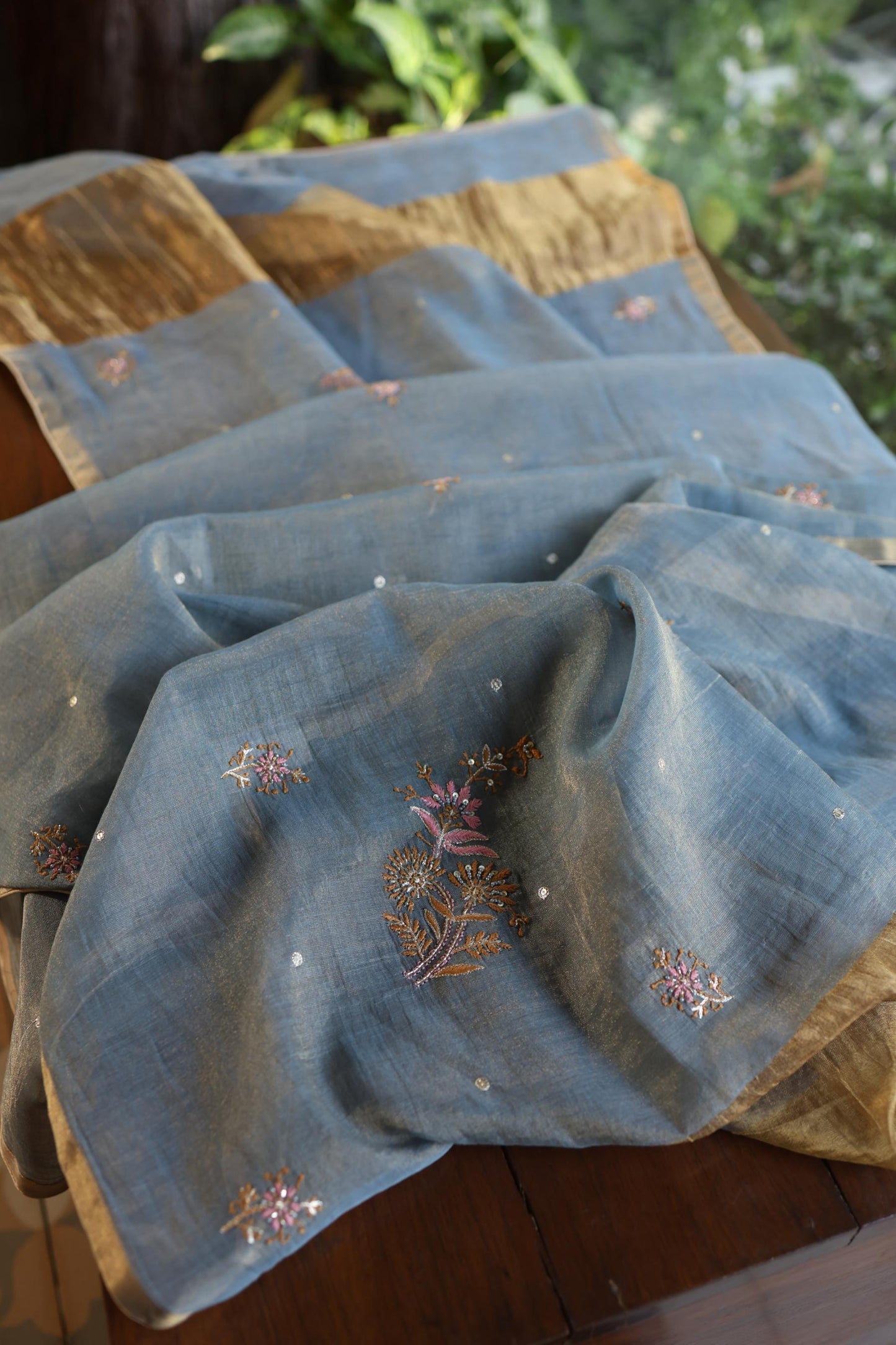 Blue Shade Tissue Silk Chikankari Unstitched Fabric