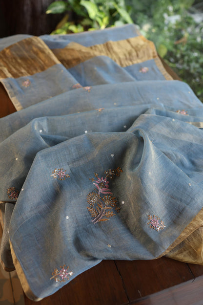 Blue Shade Tissue Silk Chikankari Unstitched Fabric