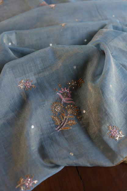 Blue Shade Tissue Silk Chikankari Unstitched Fabric