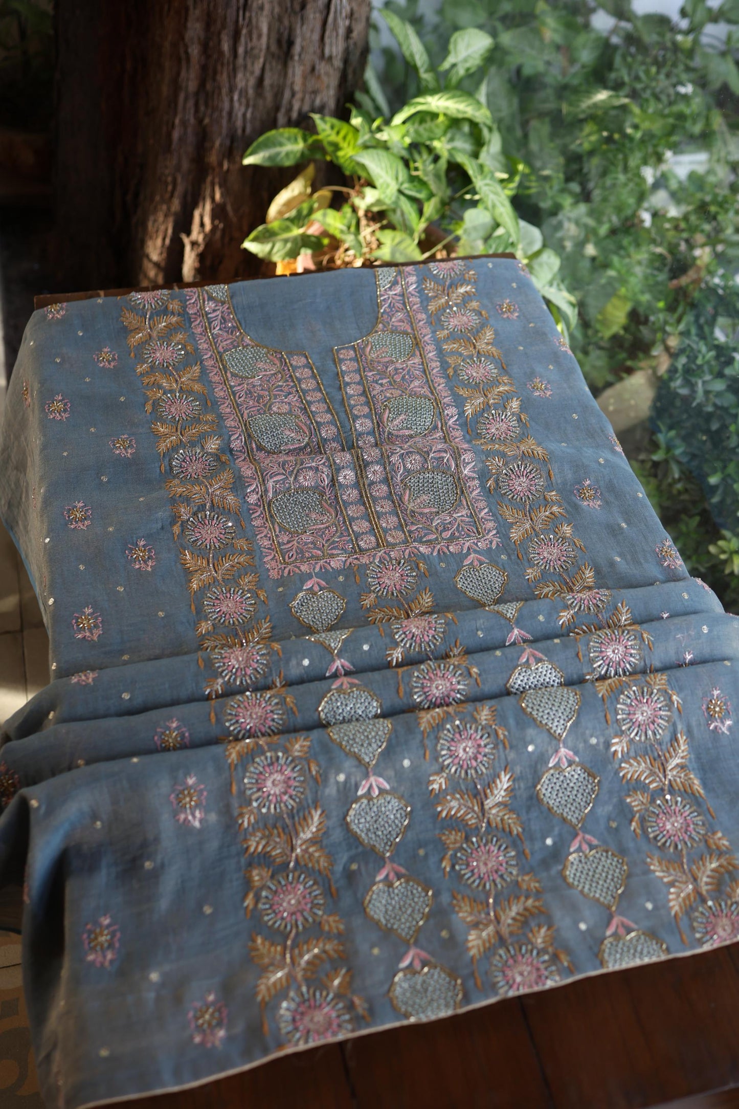 Blue Shade Tissue Silk Chikankari Unstitched Fabric