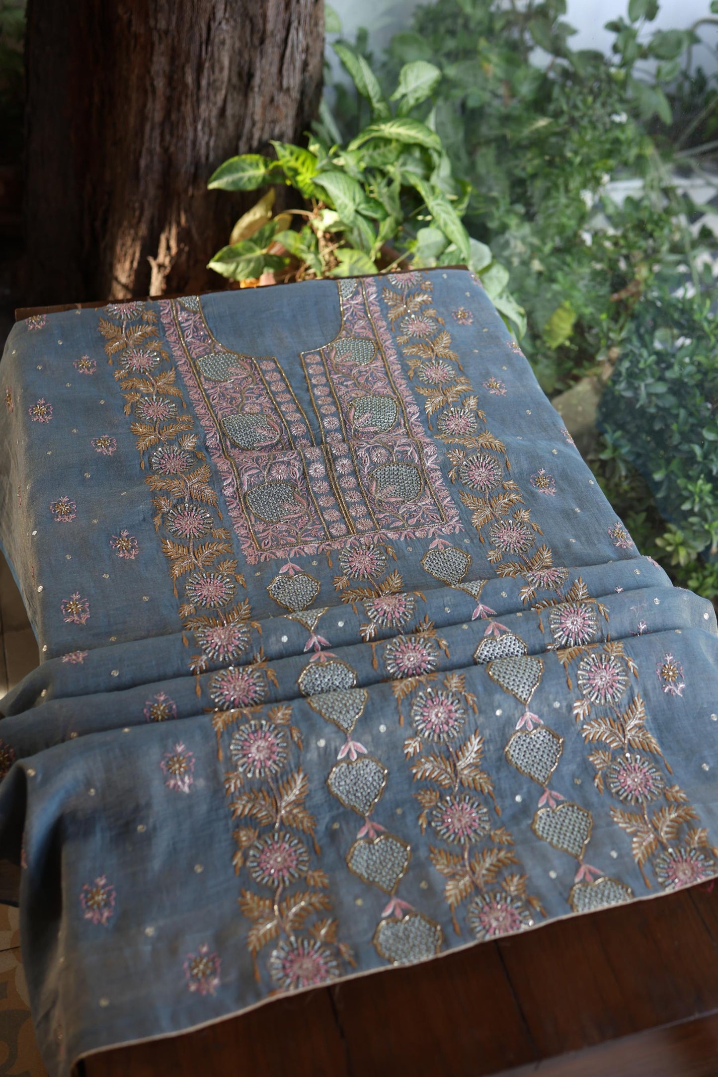 Blue Shade Tissue Silk Chikankari Unstitched Fabric