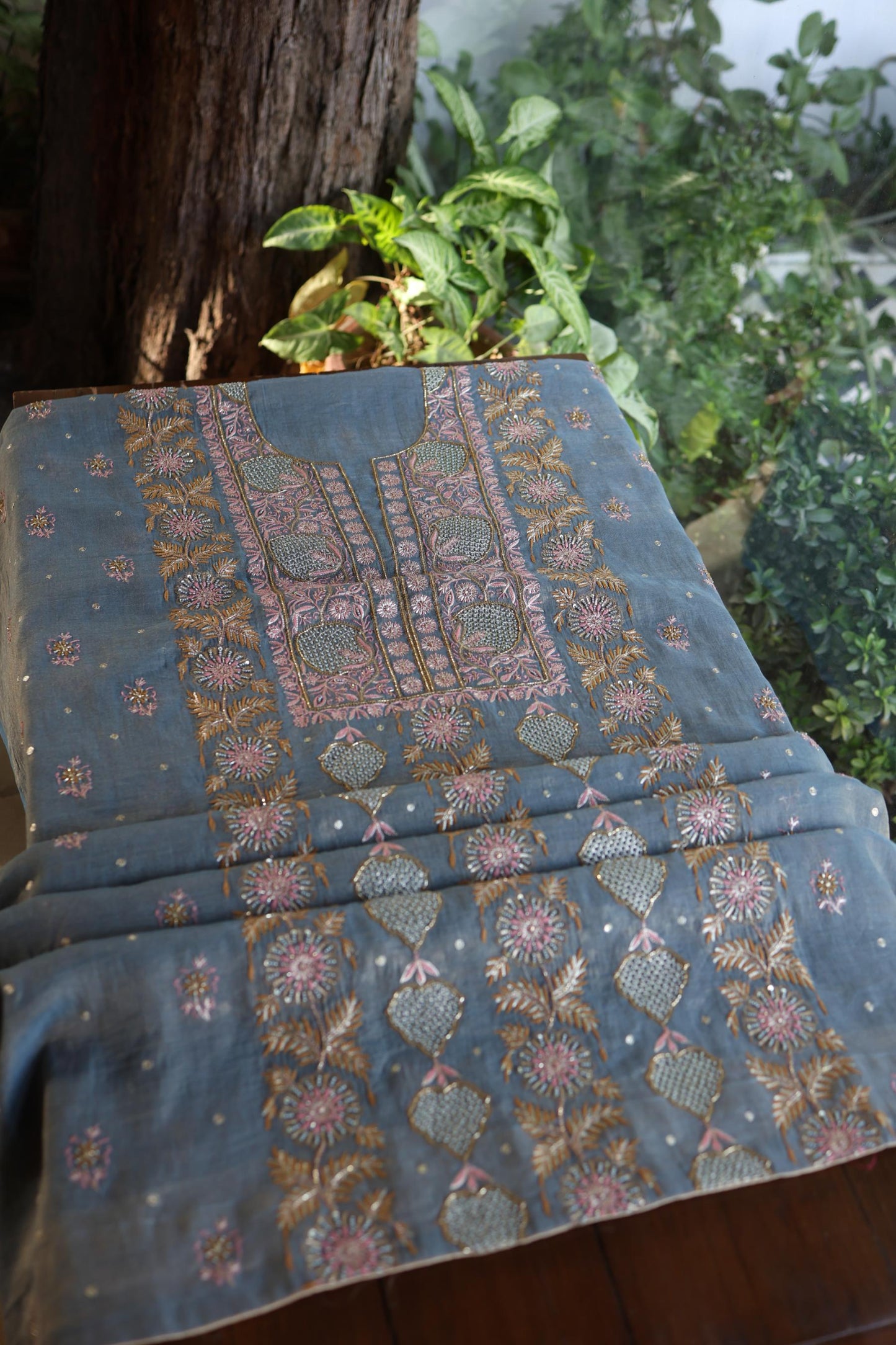 Blue Shade Tissue Silk Chikankari Unstitched Fabric