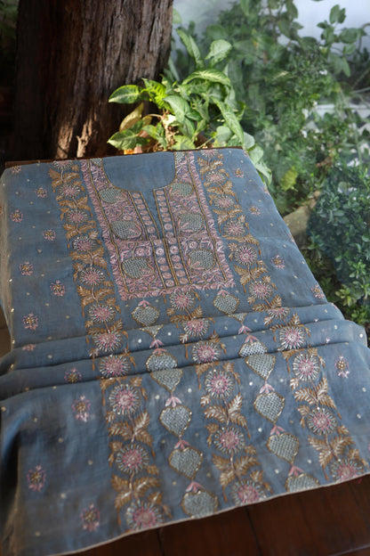 Blue Shade Tissue Silk Chikankari Unstitched Fabric