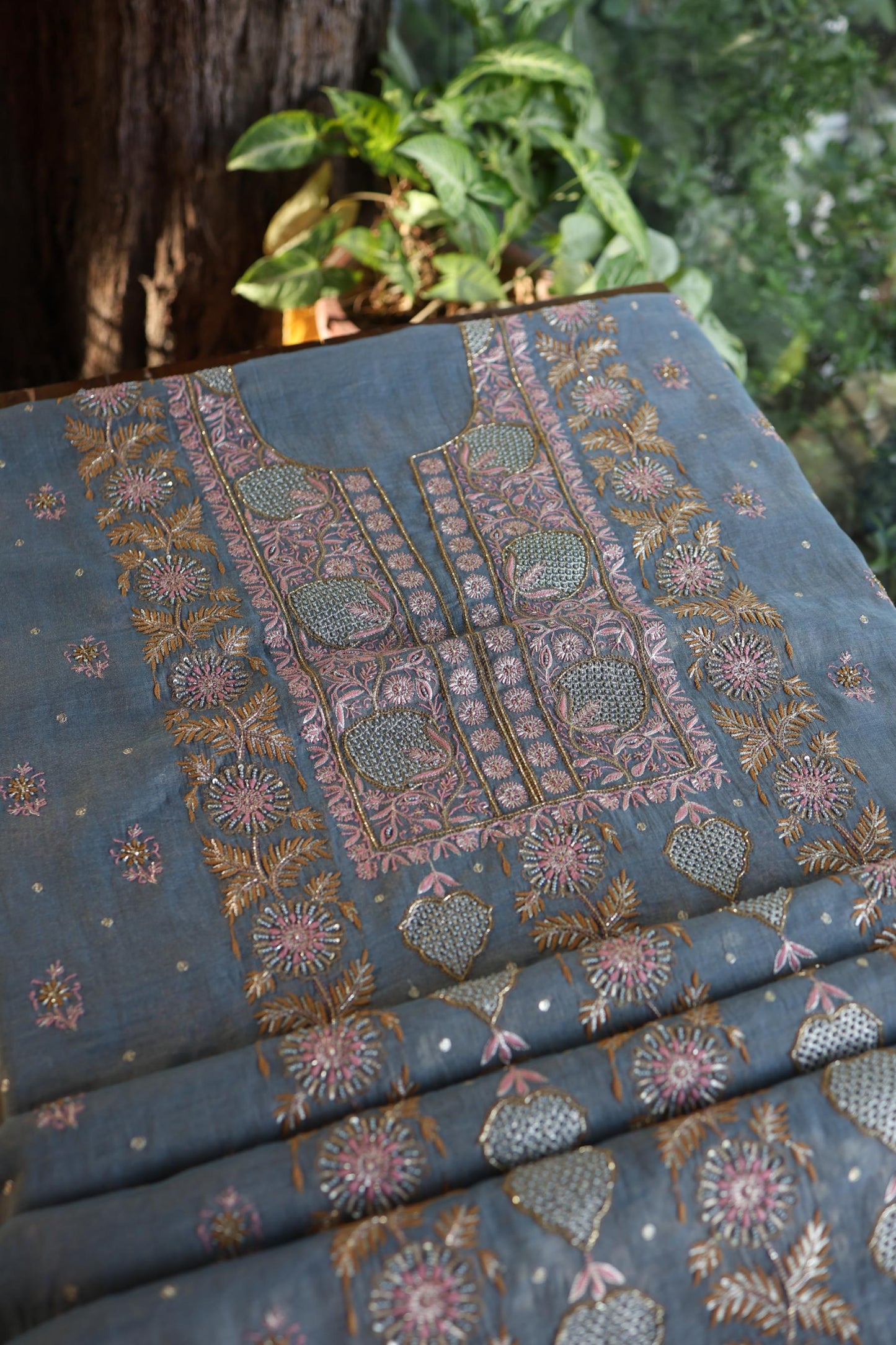 Blue Shade Tissue Silk Chikankari Unstitched Fabric