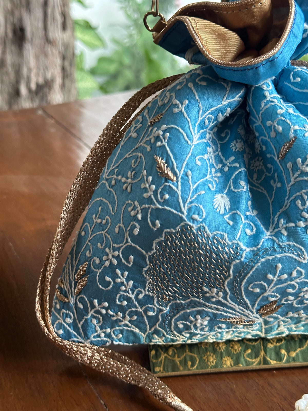 Blue Shade Tussar Silk Chikankari Ari & Kasab Work Potli Bag