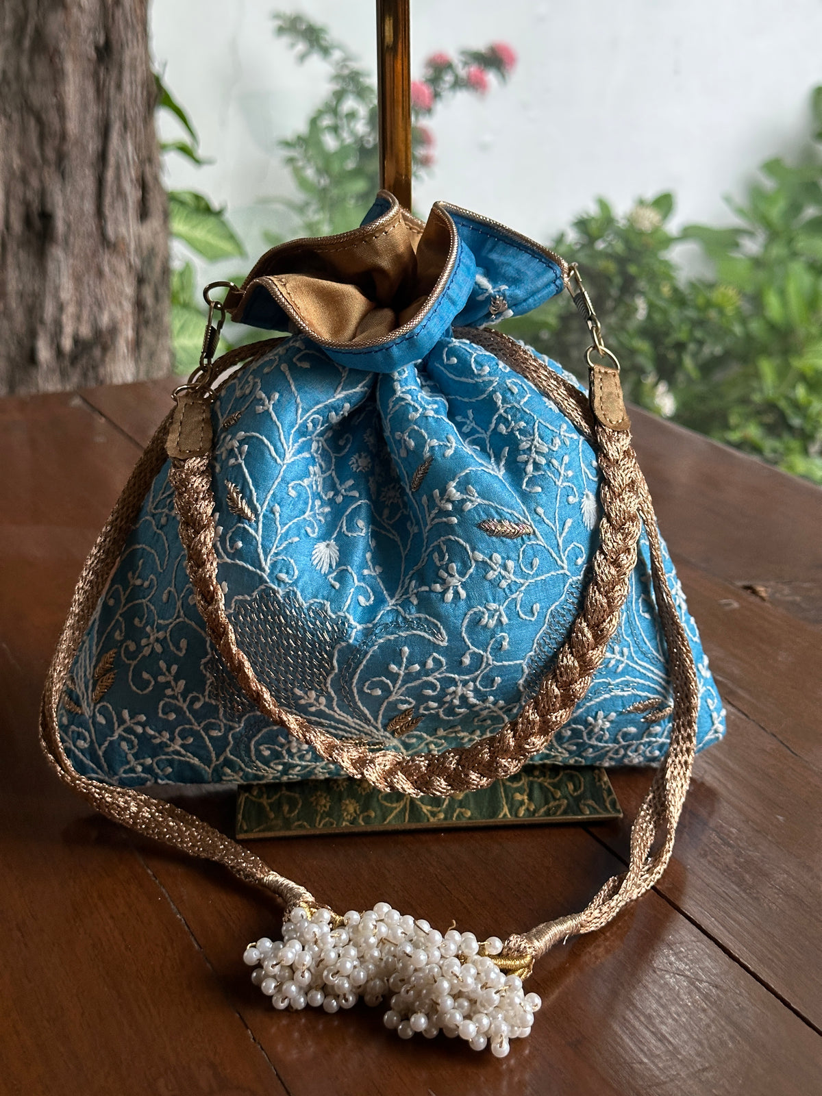 Blue Shade Tussar Silk Chikankari Ari & Kasab Work Potli Bag