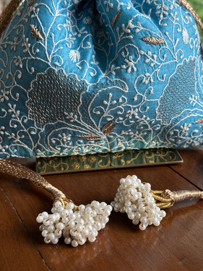 Blue Shade Tussar Silk Chikankari Ari & Kasab Work Potli Bag