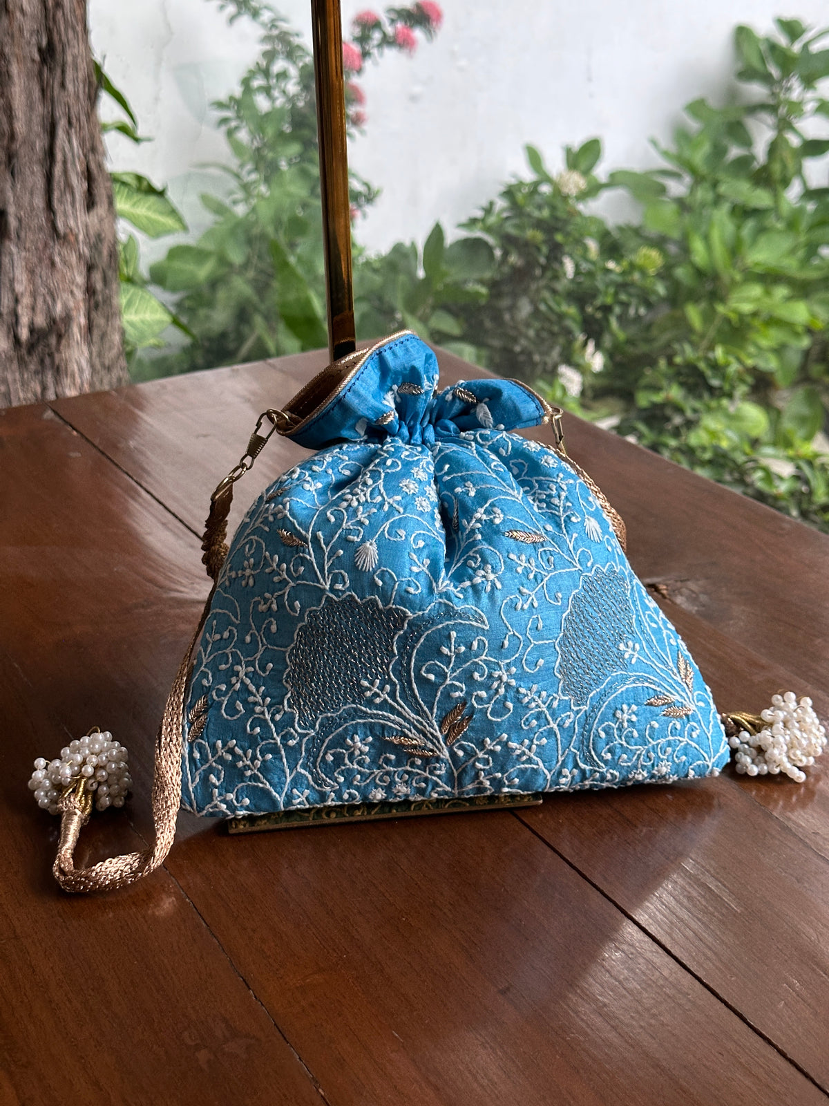 Blue Shade Tussar Silk Chikankari Ari & Kasab Work Potli Bag