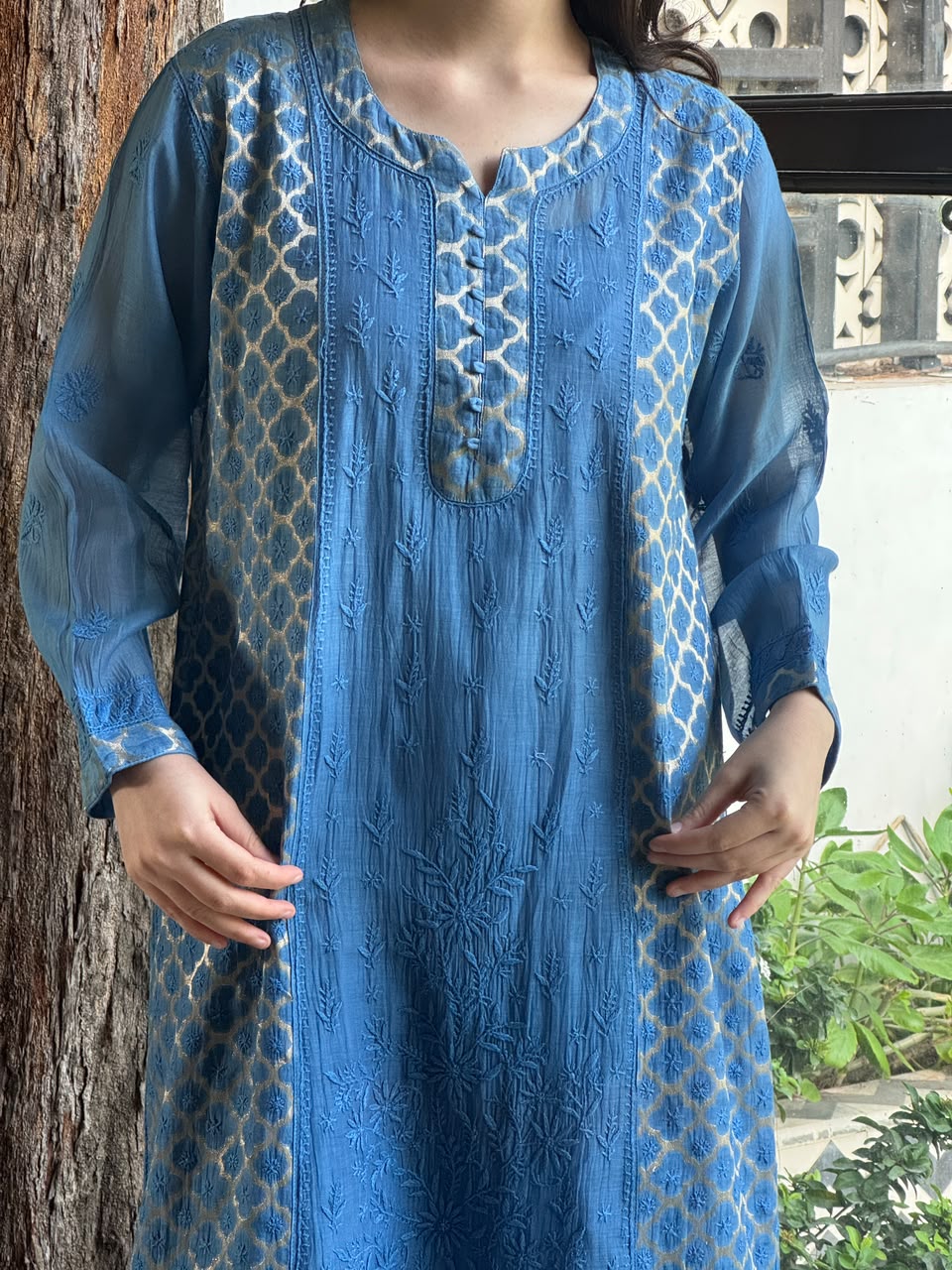 Blue Shade Zari Chanderi Chikankari Ready to Wear Tunics