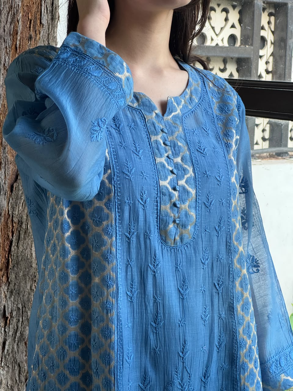 Blue Shade Zari Chanderi Chikankari Ready to Wear Tunics