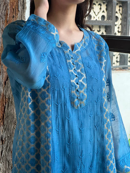 Blue Shade Zari Chanderi Chikankari Ready to Wear Tunics