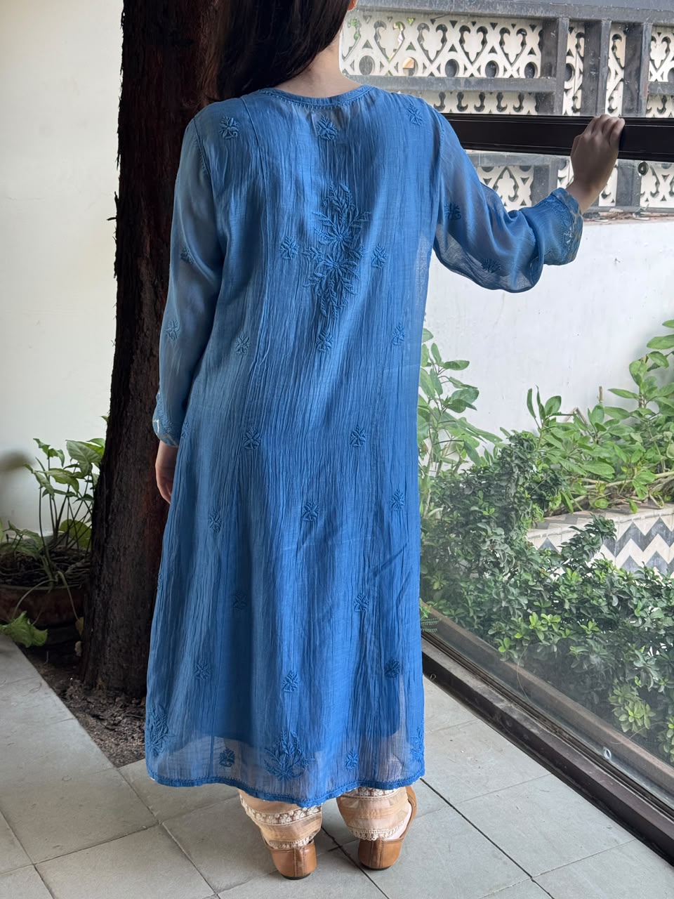 Blue Shade Zari Chanderi Chikankari Ready to Wear Tunics