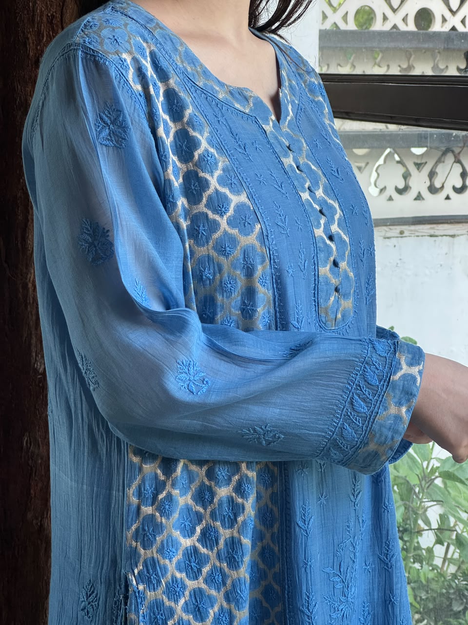 Blue Shade Zari Chanderi Chikankari Ready to Wear Tunics