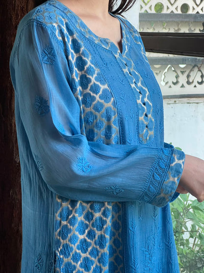 Blue Shade Zari Chanderi Chikankari Ready to Wear Tunics