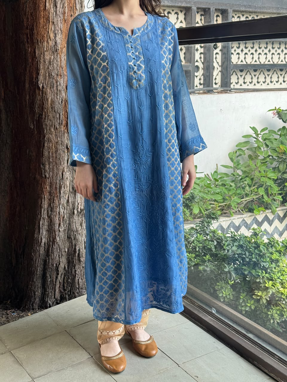 Blue Shade Zari Chanderi Chikankari Ready to Wear Tunics