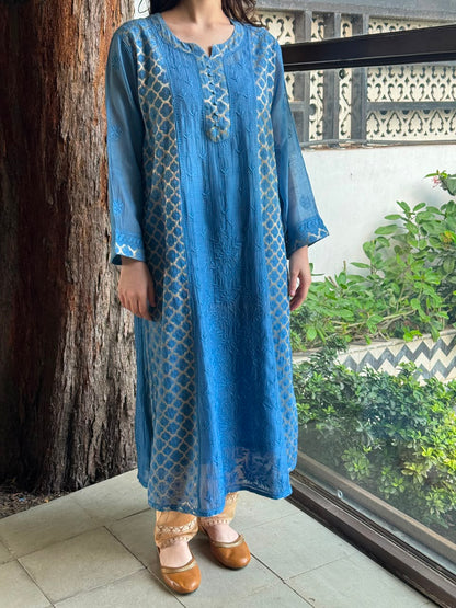 Blue Shade Zari Chanderi Chikankari Ready to Wear Tunics