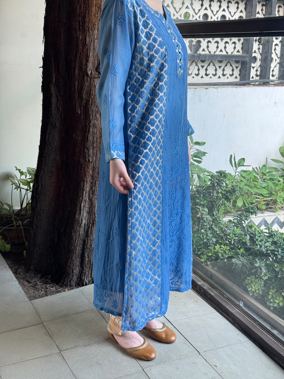 Blue Shade Zari Chanderi Chikankari Ready to Wear Tunics