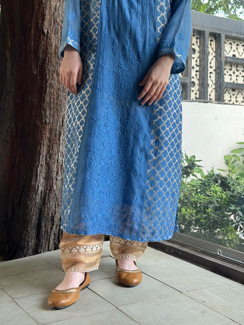 Blue Shade Zari Chanderi Chikankari Ready to Wear Tunics