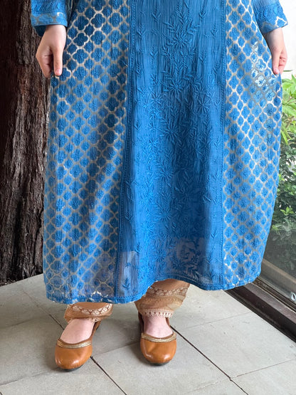 Blue Shade Zari Chanderi Chikankari Ready to Wear Tunics